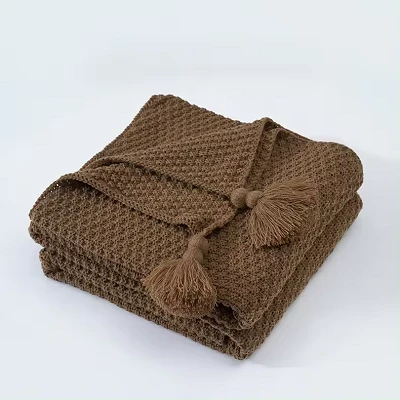 Solid Color Knitted Tassel Blanket